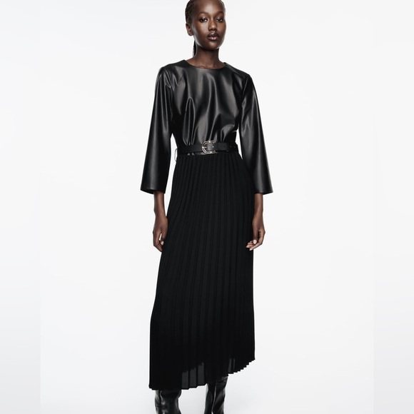 PLEADED MIDI LENGTH DRESS FAUX LEATHER TOP - Picture 3 of 3